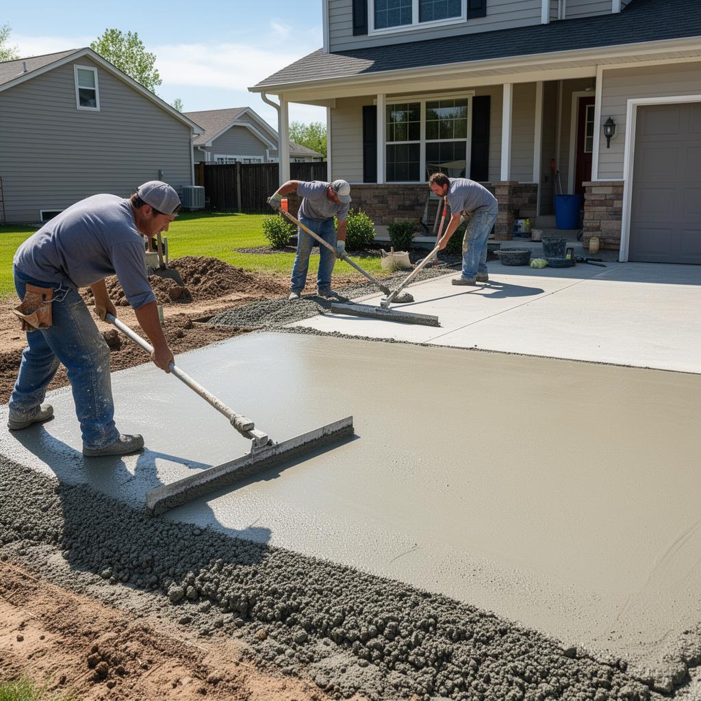 Professional Concrete Work in Progress Concrete contractors pouring and finishing a driveway in Des Moines