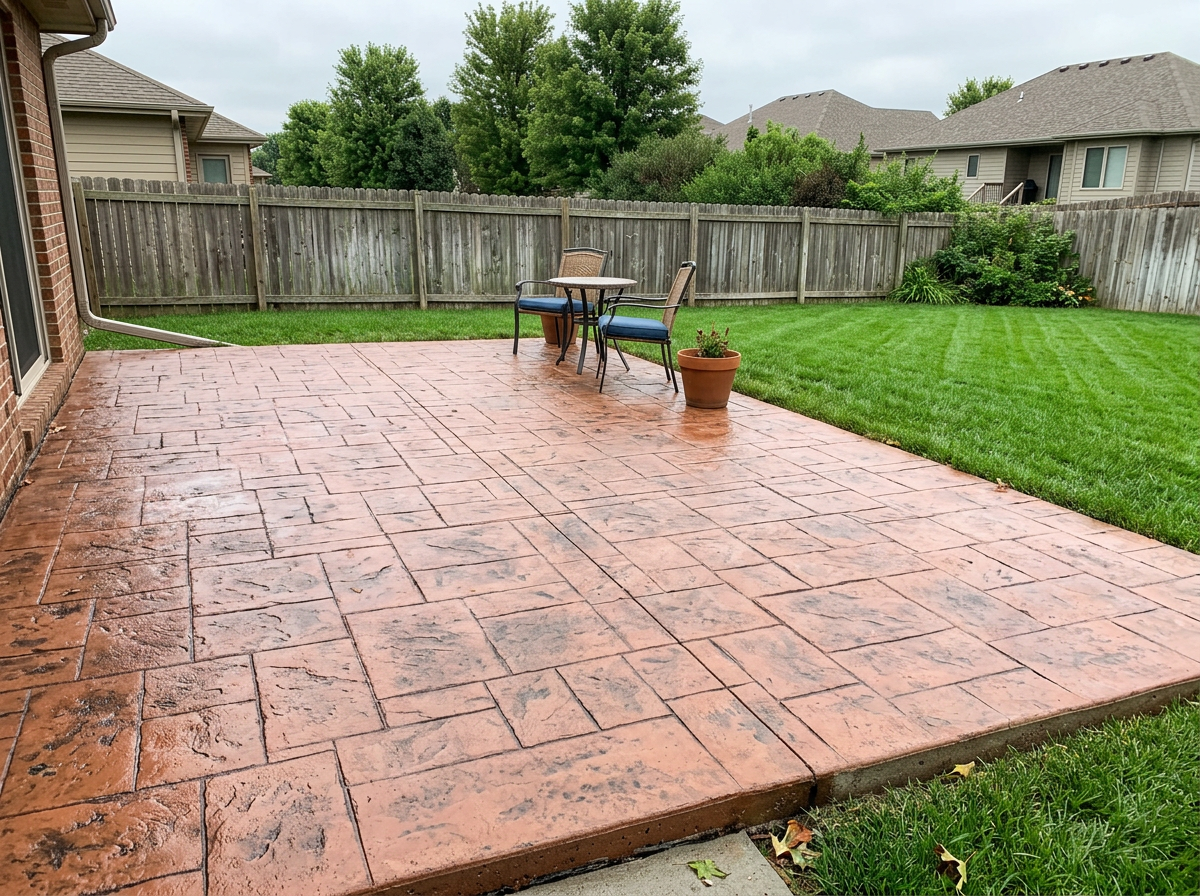 Stamped Concrete Patio Project Beautiful stamped concrete patio with fire pit in Ankeny, Iowa