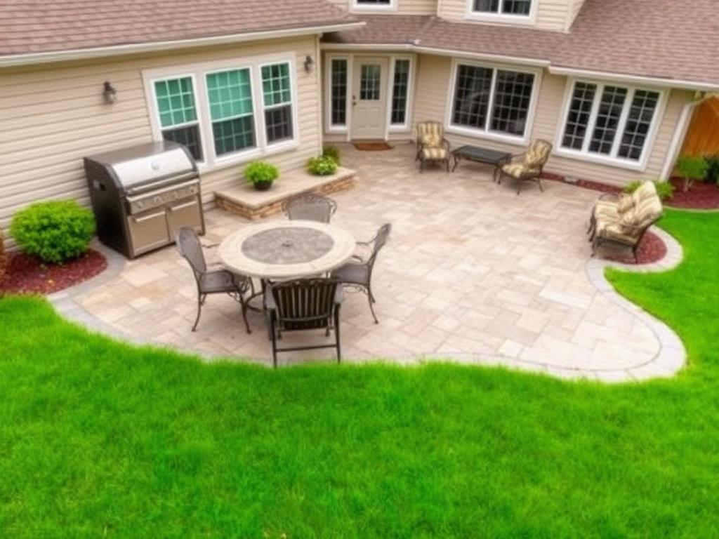 Example of a spacious stamped concrete patio with grill area