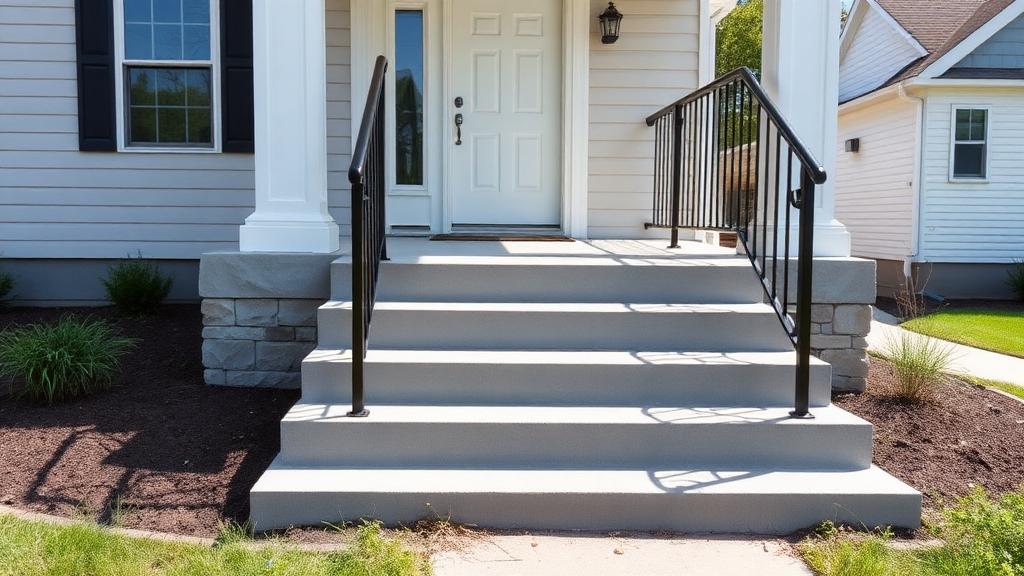 Beautiful new concrete front porch steps with handrail in Des Moines