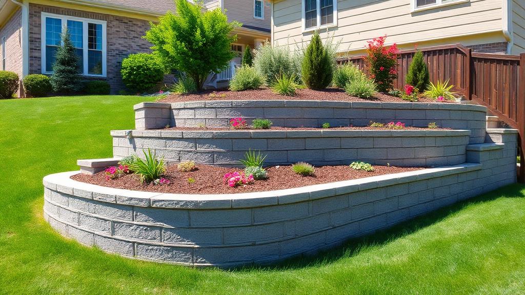 Beautiful tiered concrete block retaining wall with landscaping in Des Moines